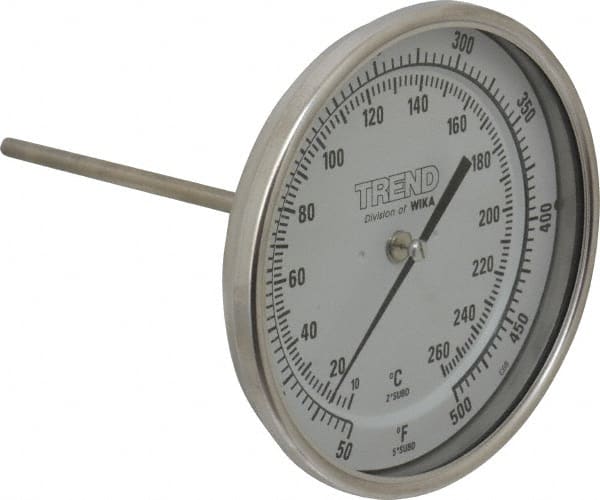 Wika - 6 Inch Long Stem, 5 Inch Dial Diameter, Stainless Steel, Back Connected Bi-Metal Thermometer - 10 to 260°C, 1% Accuracy - Exact Tooling