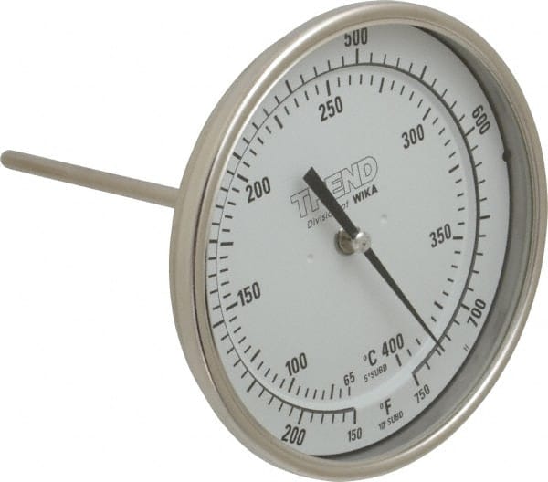 Wika - 6 Inch Long Stem, 5 Inch Dial Diameter, Stainless Steel, Back Connected Bi-Metal Thermometer - 65 to 400°C, 1% Accuracy - Exact Tooling