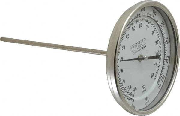 Wika - 9 Inch Long Stem, 5 Inch Dial Diameter, Stainless Steel, Back Connected Bi-Metal Thermometer - -20 to 120°C, 1% Accuracy - Exact Tooling