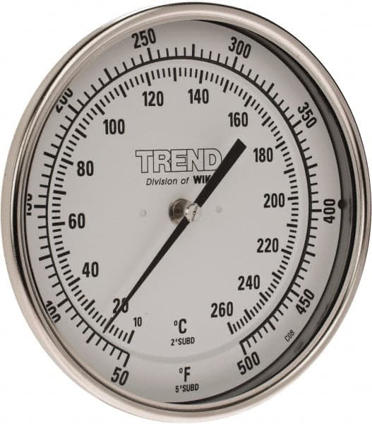 Wika - 9 Inch Long Stem, 5 Inch Dial Diameter, Stainless Steel, Back Connected Bi-Metal Thermometer - 10 to 260°C, 1% Accuracy - Exact Tooling