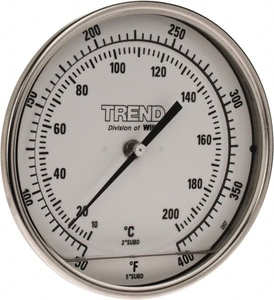 Wika - 4 Inch Long Stem, 5 Inch Dial Diameter, Stainless Steel, Back Connected Bi-Metal Thermometer - 10 to 200°C, 1% Accuracy - Exact Tooling