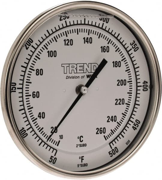 Wika - 4 Inch Long Stem, 5 Inch Dial Diameter, Stainless Steel, Back Connected Bi-Metal Thermometer - 10 to 260°C, 1% Accuracy - Exact Tooling