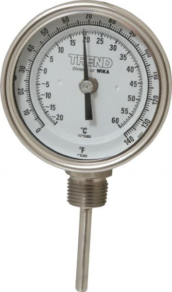 Wika - 2-1/2 Inch Long Stem, 3 Inch Dial Diameter, Stainless Steel, Bottom Connected Bi-Metal Thermometer - -20 to 60°C, 1% Accuracy - Exact Tooling