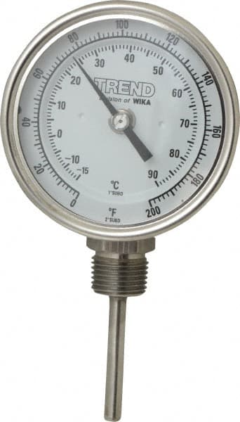 Wika - 2-1/2 Inch Long Stem, 3 Inch Dial Diameter, Stainless Steel, Bottom Connected Bi-Metal Thermometer - -15 to 90°C, 1% Accuracy - Exact Tooling