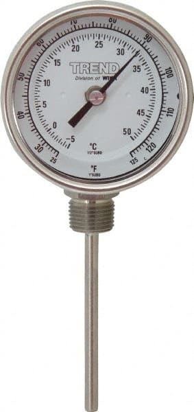 Wika - 4 Inch Long Stem, 3 Inch Dial Diameter, Stainless Steel, Bottom Connected Bi-Metal Thermometer - -5 to 50°C, 1% Accuracy - Exact Tooling