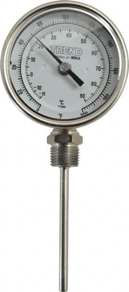 Wika - 4 Inch Long Stem, 3 Inch Dial Diameter, Stainless Steel, Bottom Connected Bi-Metal Thermometer - -15 to 90°C, 1% Accuracy - Exact Tooling