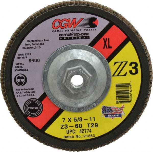 Camel Grinding Wheels - 60 Grit, 7" Disc Diam, 5/8-11 Center Hole, Type 29 Zirconia Alumina Flap Disc - 8,600 Max RPM, Poly Cotton Backing, Arbor Attaching System, Coated - Exact Tooling