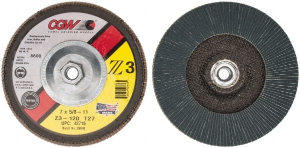Camel Grinding Wheels - 120 Grit, 7" Disc Diam, 5/8-11 Center Hole, Type 27 Zirconia Alumina Flap Disc - 8,600 Max RPM, Poly Cotton Backing, Arbor Attaching System, Coated - Exact Tooling