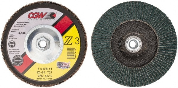 Camel Grinding Wheels - 24 Grit, 7" Disc Diam, 5/8-11 Center Hole, Type 27 Zirconia Alumina Flap Disc - 8,600 Max RPM, Poly Cotton Backing, Arbor Attaching System, Coated - Exact Tooling