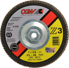 Camel Grinding Wheels - 36 Grit, 7" Disc Diam, 5/8-11 Center Hole, Type 27 Zirconia Alumina Flap Disc - 8,600 Max RPM, Poly Cotton Backing, Arbor Attaching System, Coated - Exact Tooling