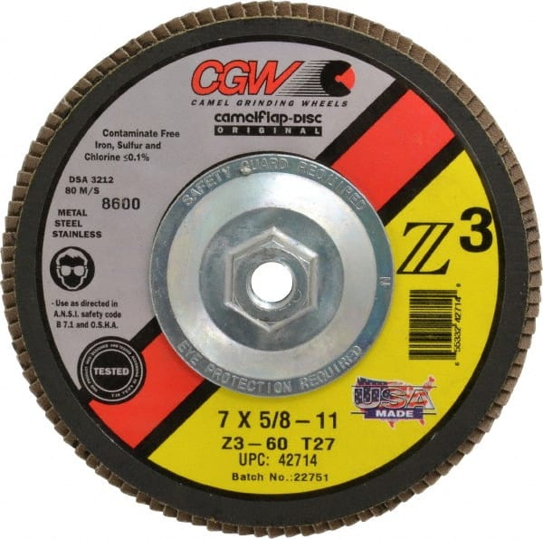 Camel Grinding Wheels - 60 Grit, 7" Disc Diam, 5/8-11 Center Hole, Type 27 Zirconia Alumina Flap Disc - 8,600 Max RPM, Poly Cotton Backing, Arbor Attaching System, Coated - Exact Tooling