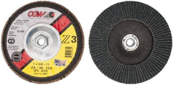 Camel Grinding Wheels - 40 Grit, 7" Disc Diam, 5/8-11 Center Hole, Type 29 Zirconia Alumina Flap Disc - 8,600 Max RPM, Poly Cotton Backing, Arbor Attaching System, Coated - Exact Tooling
