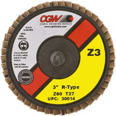 Camel Grinding Wheels - 36 Grit, 3" Disc Diam, Type 27 Zirconia Alumina Flap Disc - 24,000 Max RPM, Poly Cotton Backing, Quick Change Type R Attaching System, Coated - Exact Tooling