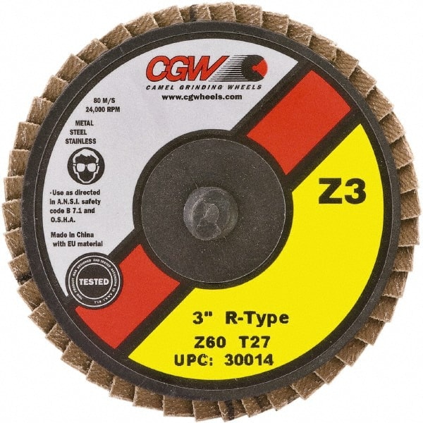 Camel Grinding Wheels - 40 Grit, 3" Disc Diam, Type 27 Zirconia Alumina Flap Disc - 24,000 Max RPM, Poly Cotton Backing, Quick Change Type R Attaching System, Coated - Exact Tooling