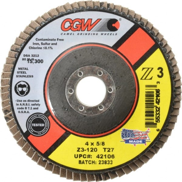 Camel Grinding Wheels - 120 Grit, 4" Disc Diam, 5/8" Center Hole, Type 27 Zirconia Alumina Flap Disc - 15,300 Max RPM, Poly Cotton Backing, Arbor Attaching System, Coated - Exact Tooling