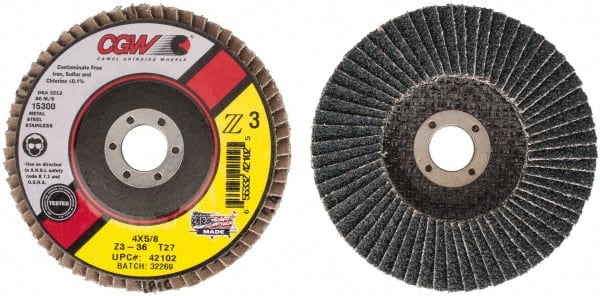 Camel Grinding Wheels - 36 Grit, 4" Disc Diam, 5/8" Center Hole, Type 27 Zirconia Alumina Flap Disc - 15,300 Max RPM, Poly Cotton Backing, Arbor Attaching System, Coated - Exact Tooling