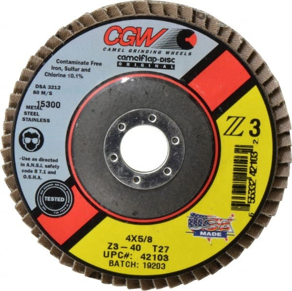 Camel Grinding Wheels - 40 Grit, 4" Disc Diam, 5/8" Center Hole, Type 27 Zirconia Alumina Flap Disc - 15,300 Max RPM, Poly Cotton Backing, Arbor Attaching System, Coated - Exact Tooling