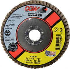Camel Grinding Wheels - 40 Grit, 4" Disc Diam, 5/8" Center Hole, Type 27 Zirconia Alumina Flap Disc - 15,300 Max RPM, Poly Cotton Backing, Arbor Attaching System, Coated - Exact Tooling