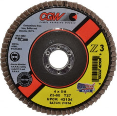 Camel Grinding Wheels - 60 Grit, 4" Disc Diam, 5/8" Center Hole, Type 27 Zirconia Alumina Flap Disc - 15,300 Max RPM, Poly Cotton Backing, Arbor Attaching System, Coated - Exact Tooling