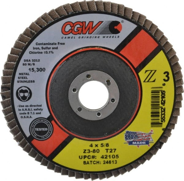 Camel Grinding Wheels - 80 Grit, 4" Disc Diam, 5/8" Center Hole, Type 27 Zirconia Alumina Flap Disc - 15,300 Max RPM, Poly Cotton Backing, Arbor Attaching System, Coated - Exact Tooling