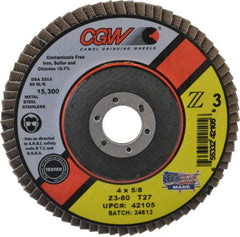 Camel Grinding Wheels - 80 Grit, 4" Disc Diam, 5/8" Center Hole, Type 27 Zirconia Alumina Flap Disc - 15,300 Max RPM, Poly Cotton Backing, Arbor Attaching System, Coated - Exact Tooling