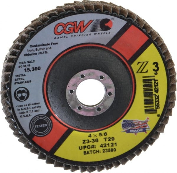 Camel Grinding Wheels - 36 Grit, 4" Disc Diam, 5/8" Center Hole, Type 29 Zirconia Alumina Flap Disc - 15,300 Max RPM, Poly Cotton Backing, Arbor Attaching System, Coated - Exact Tooling