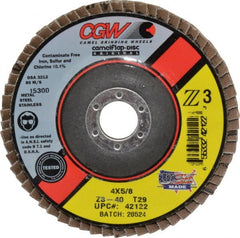 Camel Grinding Wheels - 40 Grit, 4" Disc Diam, 5/8" Center Hole, Type 29 Zirconia Alumina Flap Disc - 15,300 Max RPM, Poly Cotton Backing, Arbor Attaching System, Coated - Exact Tooling
