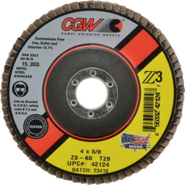 Camel Grinding Wheels - 60 Grit, 4" Disc Diam, 5/8" Center Hole, Type 29 Zirconia Alumina Flap Disc - 15,300 Max RPM, Poly Cotton Backing, Arbor Attaching System, Coated - Exact Tooling