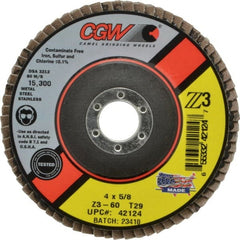 Camel Grinding Wheels - 60 Grit, 4" Disc Diam, 5/8" Center Hole, Type 29 Zirconia Alumina Flap Disc - 15,300 Max RPM, Poly Cotton Backing, Arbor Attaching System, Coated - Exact Tooling