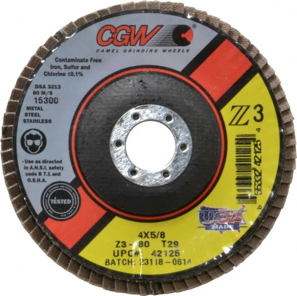 Camel Grinding Wheels - 80 Grit, 4" Disc Diam, 5/8" Center Hole, Type 29 Zirconia Alumina Flap Disc - 15,300 Max RPM, Poly Cotton Backing, Arbor Attaching System, Coated - Exact Tooling