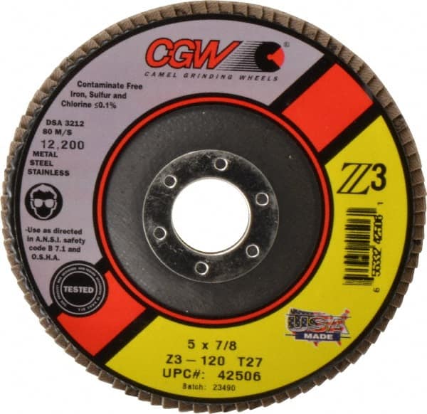 Camel Grinding Wheels - 120 Grit, 5" Disc Diam, 7/8" Center Hole, Type 27 Zirconia Alumina Flap Disc - 12,200 Max RPM, Poly Cotton Backing, Arbor Attaching System, Coated - Exact Tooling