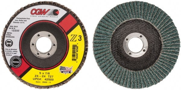 Camel Grinding Wheels - 24 Grit, 5" Disc Diam, 7/8" Center Hole, Type 27 Zirconia Alumina Flap Disc - 12,200 Max RPM, Poly Cotton Backing, Arbor Attaching System, Coated - Exact Tooling