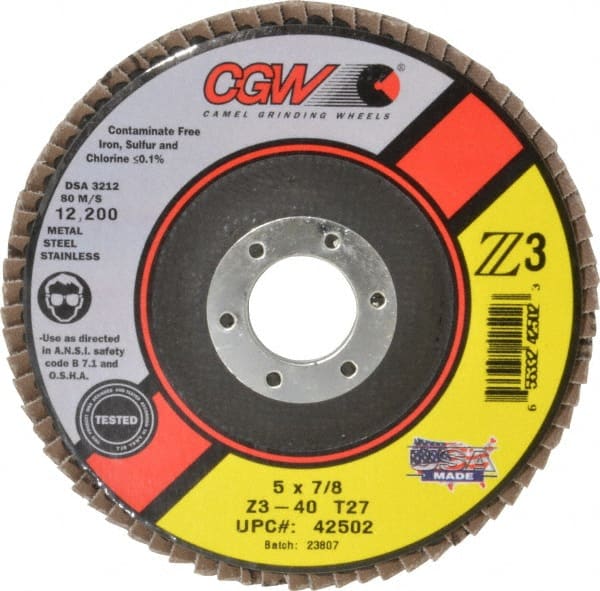 Camel Grinding Wheels - 40 Grit, 5" Disc Diam, 7/8" Center Hole, Type 27 Zirconia Alumina Flap Disc - 12,200 Max RPM, Poly Cotton Backing, Arbor Attaching System, Coated - Exact Tooling