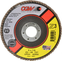 Camel Grinding Wheels - 40 Grit, 5" Disc Diam, 7/8" Center Hole, Type 27 Zirconia Alumina Flap Disc - 12,200 Max RPM, Poly Cotton Backing, Arbor Attaching System, Coated - Exact Tooling