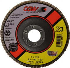 Camel Grinding Wheels - 60 Grit, 5" Disc Diam, 7/8" Center Hole, Type 27 Zirconia Alumina Flap Disc - 12,200 Max RPM, Poly Cotton Backing, Arbor Attaching System, Coated - Exact Tooling