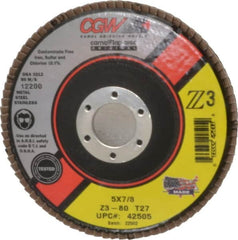 Camel Grinding Wheels - 80 Grit, 5" Disc Diam, 7/8" Center Hole, Type 27 Zirconia Alumina Flap Disc - 12,200 Max RPM, Poly Cotton Backing, Arbor Attaching System, Coated - Exact Tooling