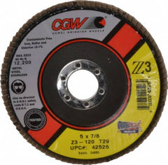 Camel Grinding Wheels - 120 Grit, 5" Disc Diam, 7/8" Center Hole, Type 29 Zirconia Alumina Flap Disc - 12,200 Max RPM, Poly Cotton Backing, Arbor Attaching System, Coated - Exact Tooling