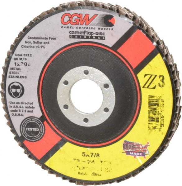 Camel Grinding Wheels - 24 Grit, 5" Disc Diam, 7/8" Center Hole, Type 29 Zirconia Alumina Flap Disc - 12,200 Max RPM, Poly Cotton Backing, Arbor Attaching System, Coated - Exact Tooling