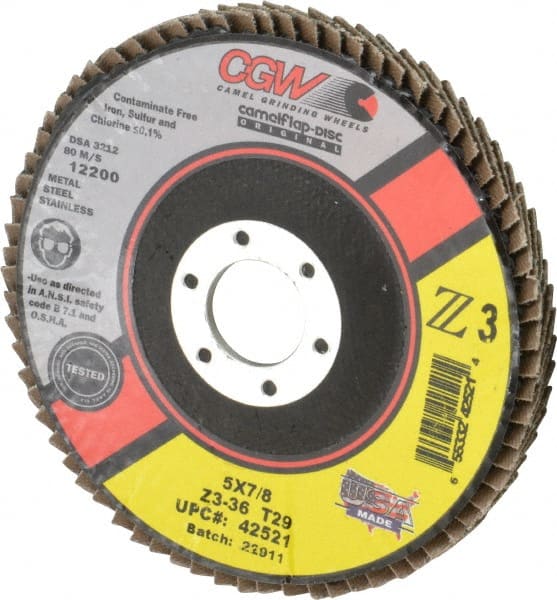 Camel Grinding Wheels - 36 Grit, 5" Disc Diam, 7/8" Center Hole, Type 29 Zirconia Alumina Flap Disc - 12,200 Max RPM, Poly Cotton Backing, Arbor Attaching System, Coated - Exact Tooling