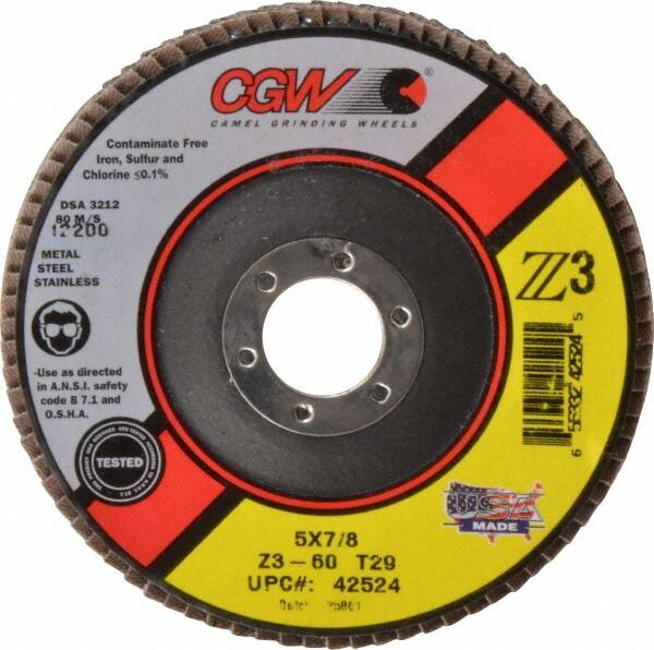 Camel Grinding Wheels - 60 Grit, 5" Disc Diam, 7/8" Center Hole, Type 29 Zirconia Alumina Flap Disc - 12,200 Max RPM, Poly Cotton Backing, Arbor Attaching System, Coated - Exact Tooling