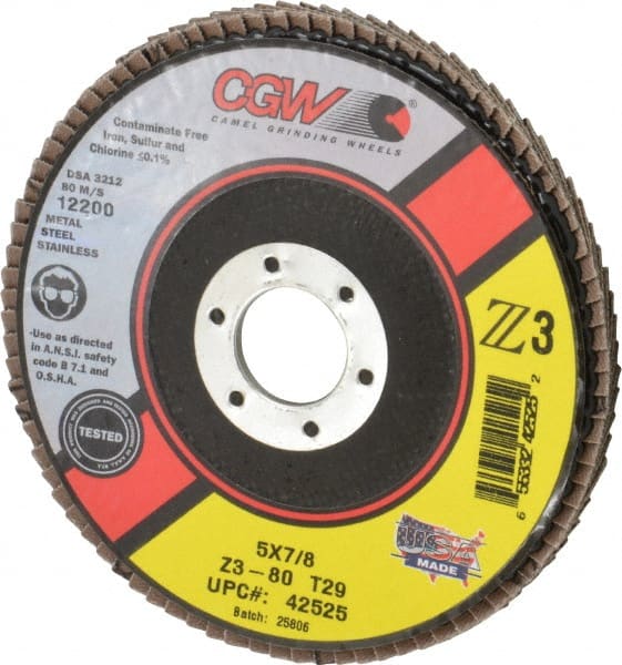 Camel Grinding Wheels - 80 Grit, 5" Disc Diam, 7/8" Center Hole, Type 29 Zirconia Alumina Flap Disc - 12,200 Max RPM, Poly Cotton Backing, Arbor Attaching System, Coated - Exact Tooling
