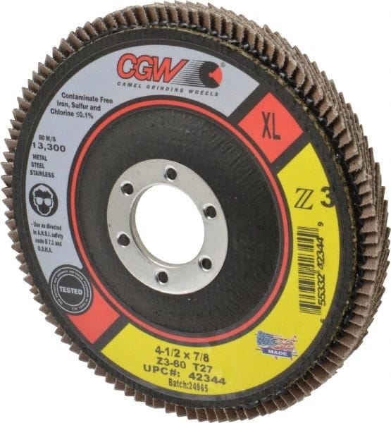 Camel Grinding Wheels - 60 Grit, 4-1/2" Disc Diam, 7/8" Center Hole, Type 27 Zirconia Alumina Flap Disc - 13,300 Max RPM, Poly Cotton Backing, Arbor Attaching System, Coated - Exact Tooling