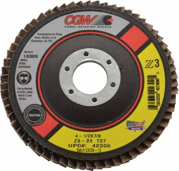 Camel Grinding Wheels - 24 Grit, 4-1/2" Disc Diam, 7/8" Center Hole, Type 27 Zirconia Alumina Flap Disc - 13,300 Max RPM, Poly Cotton Backing, Arbor Attaching System, Coated - Exact Tooling