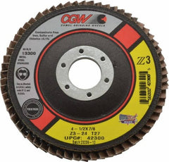 Camel Grinding Wheels - 24 Grit, 4-1/2" Disc Diam, 7/8" Center Hole, Type 27 Zirconia Alumina Flap Disc - 13,300 Max RPM, Poly Cotton Backing, Arbor Attaching System, Coated - Exact Tooling