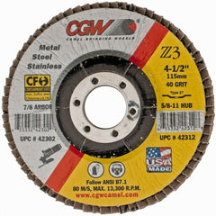 Camel Grinding Wheels - 40 Grit, 4-1/2" Disc Diam, 7/8" Center Hole, Type 27 Zirconia Alumina Flap Disc - 13,300 Max RPM, Poly Cotton Backing, Arbor Attaching System, Coated - Exact Tooling