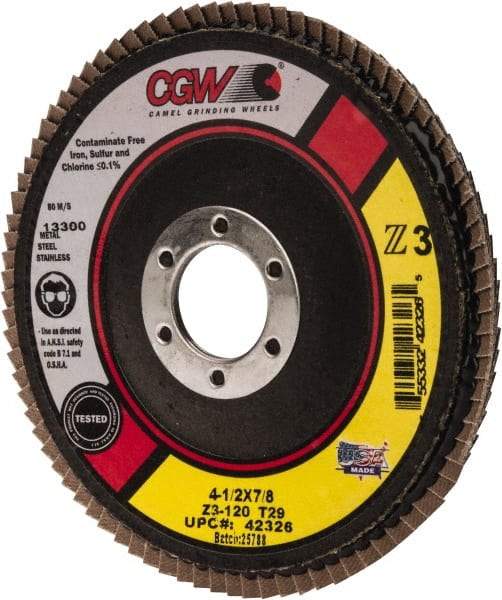 Camel Grinding Wheels - 120 Grit, 4-1/2" Disc Diam, 7/8" Center Hole, Type 29 Zirconia Alumina Flap Disc - 13,300 Max RPM, Poly Cotton Backing, Arbor Attaching System, Coated - Exact Tooling