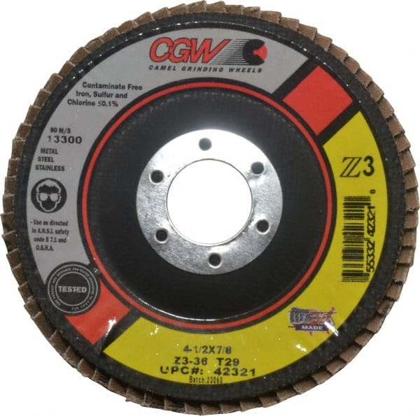 Camel Grinding Wheels - 36 Grit, 4-1/2" Disc Diam, 7/8" Center Hole, Type 29 Zirconia Alumina Flap Disc - 13,300 Max RPM, Poly Cotton Backing, Arbor Attaching System, Coated - Exact Tooling