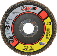 Camel Grinding Wheels - 40 Grit, 4-1/2" Disc Diam, 7/8" Center Hole, Type 29 Zirconia Alumina Flap Disc - 13,300 Max RPM, Poly Cotton Backing, Arbor Attaching System, Coated - Exact Tooling