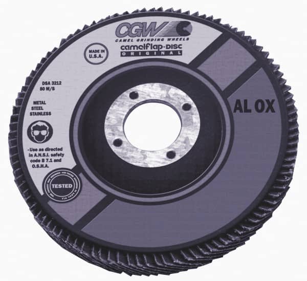 Camel Grinding Wheels - 40 Grit, 4" Disc Diam, 7/8" Center Hole, Type 27 Aluminum Oxide Flap Disc - 15,300 Max RPM, Polyester Backing, Arbor Attaching System, Coated - Exact Tooling