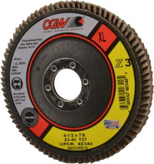Camel Grinding Wheels - 40 Grit, 4-1/2" Disc Diam, 7/8" Center Hole, Type 27 Zirconia Alumina Flap Disc - 13,300 Max RPM, Poly Cotton Backing, Arbor Attaching System, Coated - Exact Tooling